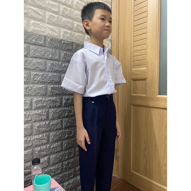 Áo sơmi trắng + set áo quần tím than sẫm  cho trẻ cấp 1-2