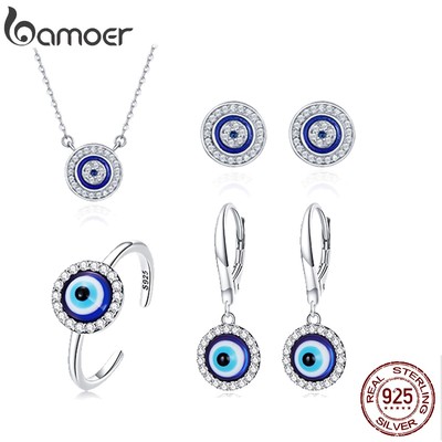 Bộ trang sức BAMOER gồm vòng cổ + nhẫn + khuyên tai bạc 925 hình mắt quỷ thời trang cho nữ