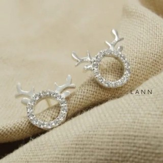 Khuyên đường tròn đá gắn sừng tuần lộc BẠC S925 LANN E182
