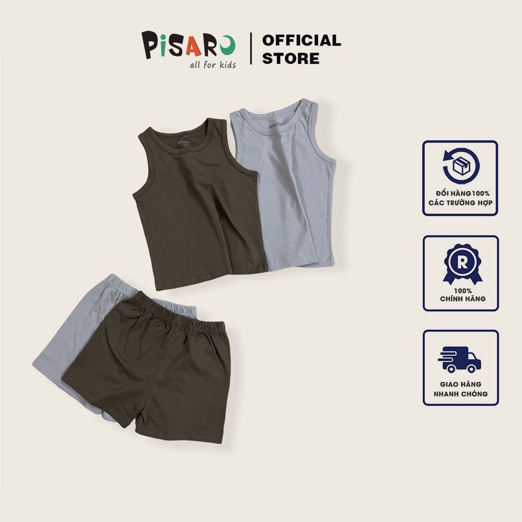 Bộ ba lỗ Cotton Hàn sát nách bé trai bé gái hãng Pisaro Kids, áo cộc tay trẻ em mùa hè co dãn mềm mại