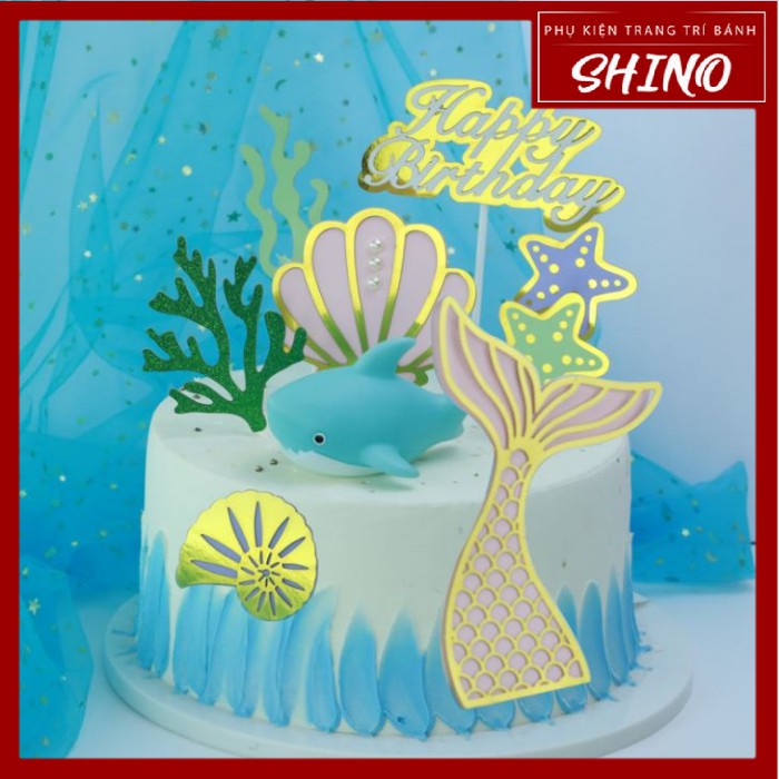 Topper/que cắm đại dương và cá mập trang trí bánh