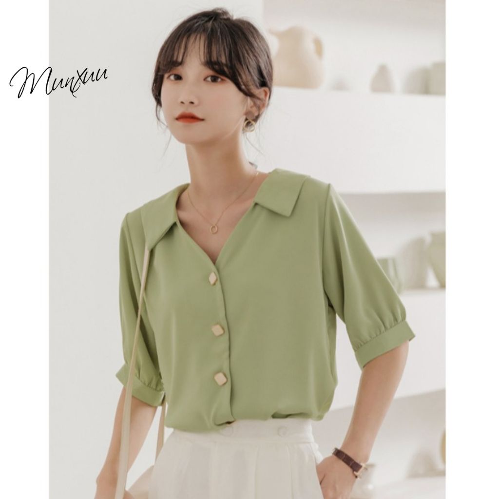 Áo sơ mi nữ kiểu Munxuu tay áo ngắn bồng nhẹ, chất liệu mềm mại chống nhăn thời trang công sở - SP44