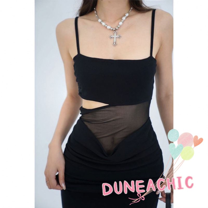 Đầm hai dây DUNEA ôm eo phối lưới thời trang quyến rũ cho nữ
