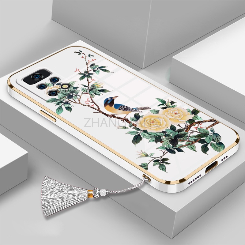 Ốp Điện Thoại Silicon Mạ Điện Họa Tiết Hoa Và Chim Kèm Dây Đeo Cho Redmi note 11 Redmi note 11s Redmi note 11 pro