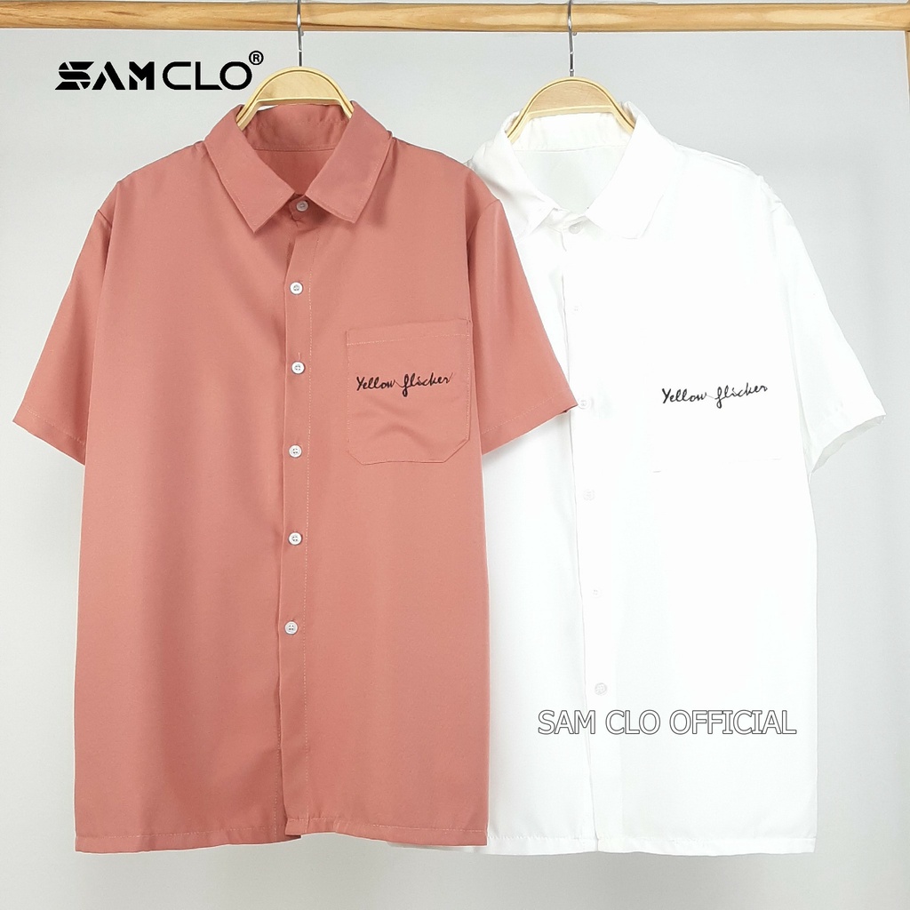 Áo sơ mi nữ cổ bẻ tay lỡ có túi phong cách ulzzang freesize form rộng dáng unisex chữ THÊU yellow flicker