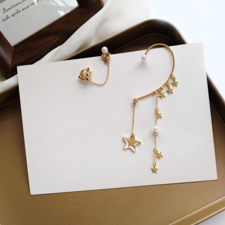 Khuyên tai kẹp vành không bấm lỗ chốt cố định K046 bằng hợp kim mạ vàng bất đối xứng hình ngôi sao dáng dài Leous