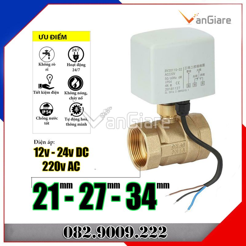 Van bi điện 2 lỗ, Van khoá nước đóng mở điều khiển bằng motor điện 12v 24v 220v phi 21 27 34