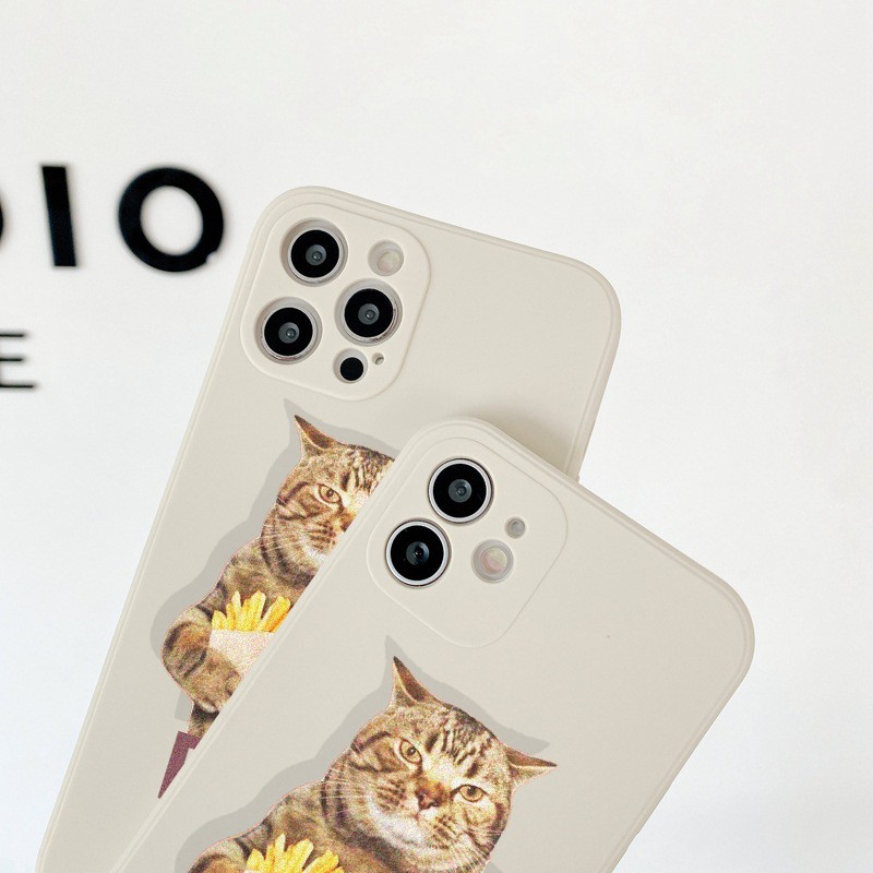 Ốp lưng iphone cạnh vuông mèo ôm bia dành cho ip 12promax xsmax 11 promax 7plus 8plus 6 plus x xr xs - E58