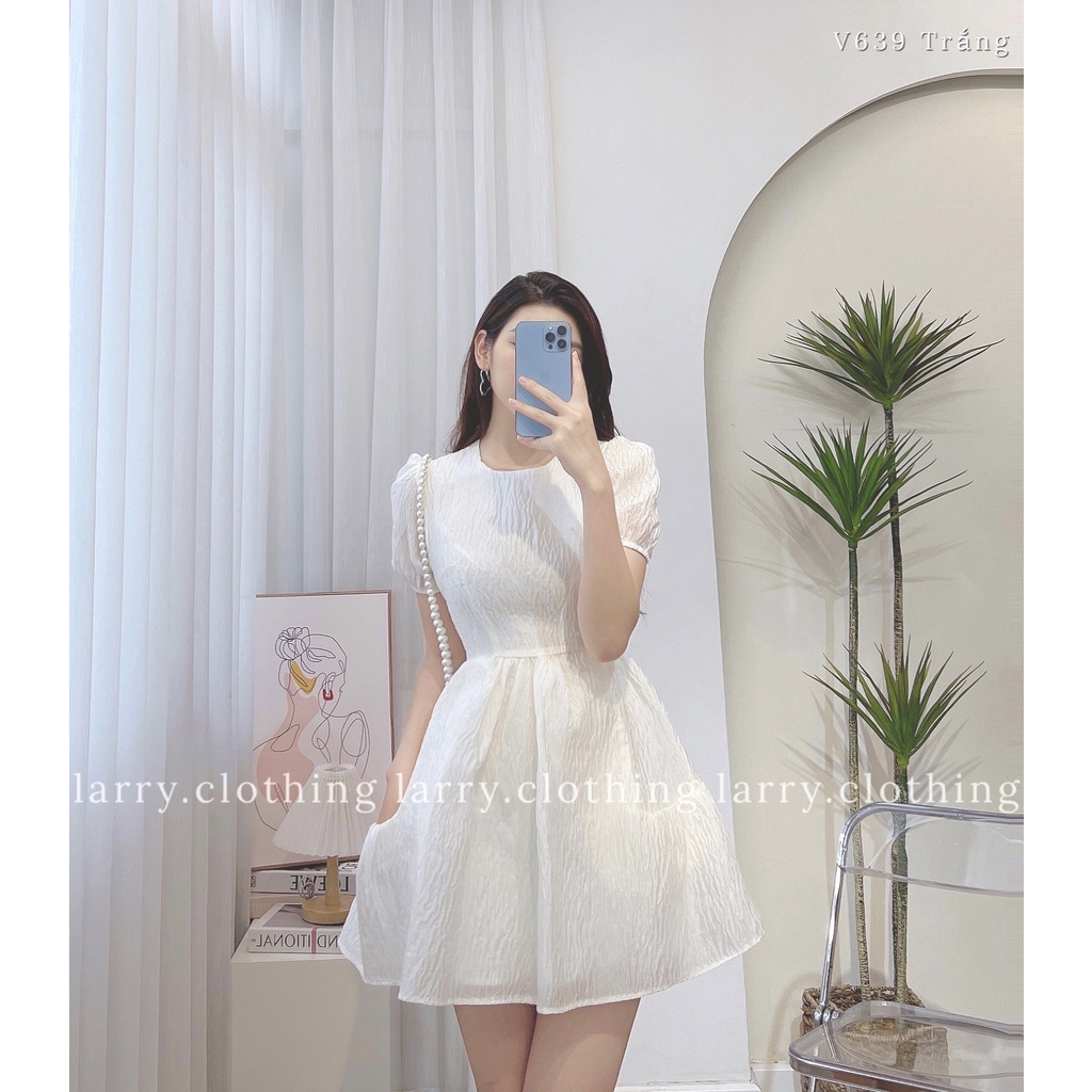 Đầm thiết kế nữ váy Tapta dáng babydoll vải nhăn cổ tròn 2 lớp chiết eo bồng thời trang thiết kế Larry Clothing V639