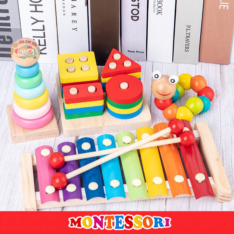 Đồ chơi gỗ thông minh phát triển trí tuệ cho bé, combo đồ chơi giáo dục montessori bằng gỗ tự nhiên an toàn