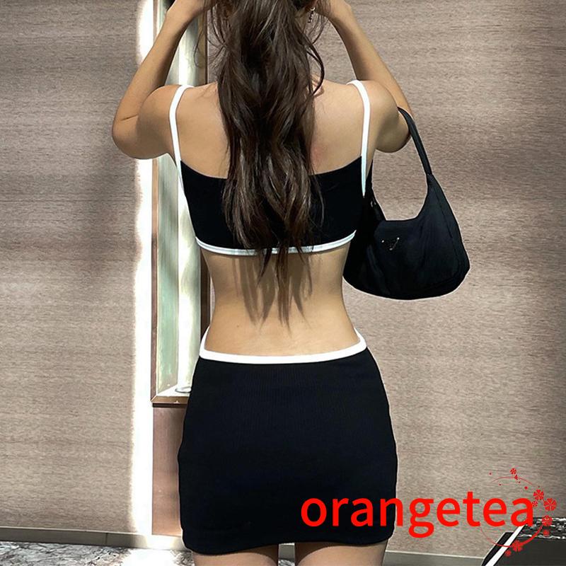 Đầm Hai Dây Ôm Dáng Màu Sắc Tương Phản Hở Lưng Gợi Cảm Cho Nữ