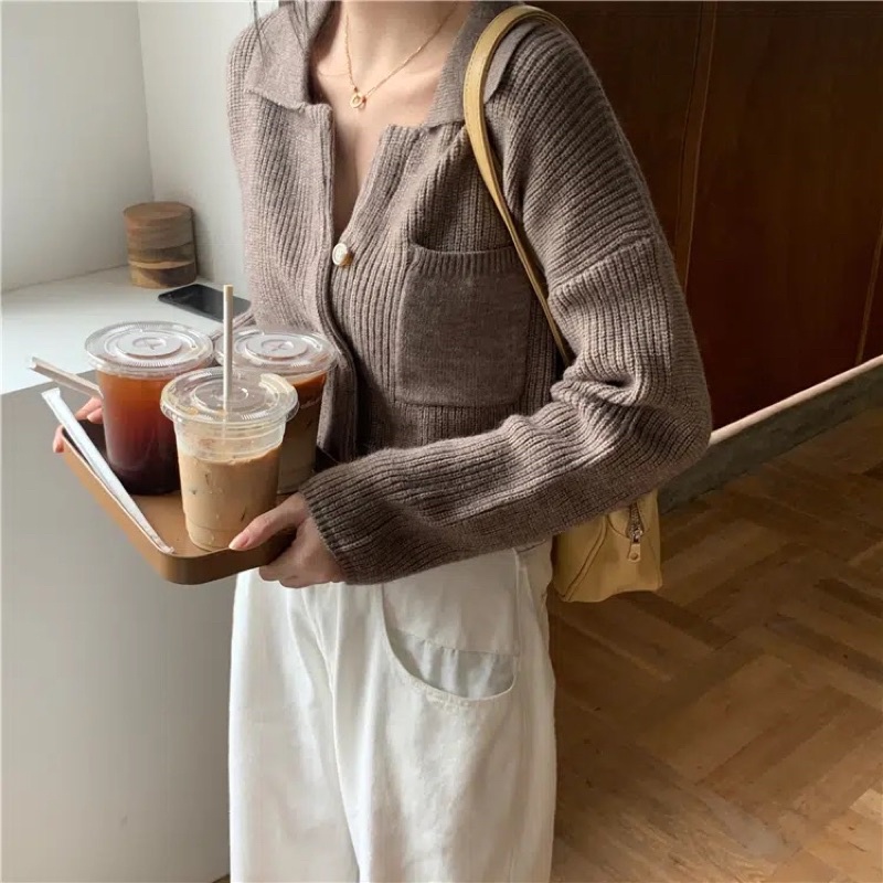 Áo Len Croptop Nữ Màu Be Ghi Nâu Cổ Sơ Mi Có Túi Ngực Dáng Suông Phong Cách Hàn Loại 1