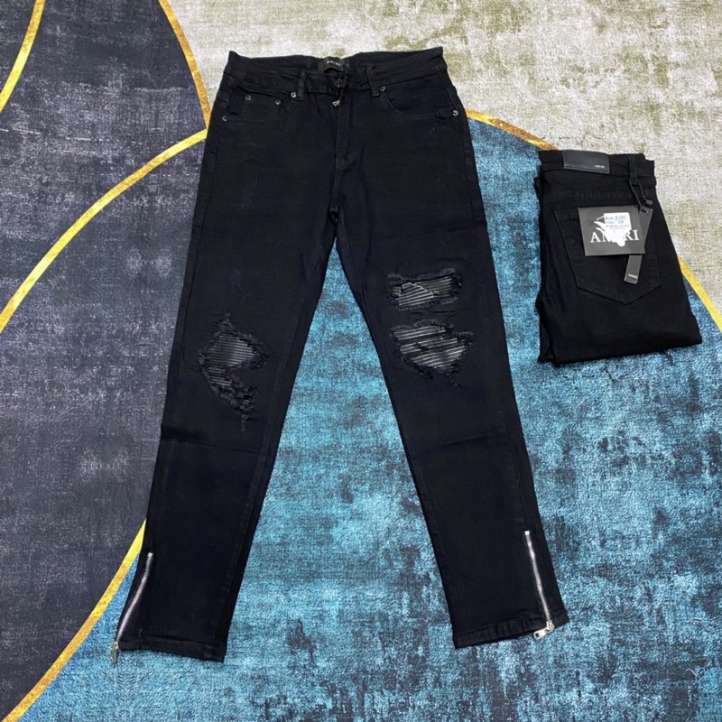 Quần jean vá da nhăn đen phối khoázip,quần bò phối khoá zip dọc ống chân hoạ tiết vá da nhăn đen khâu viền