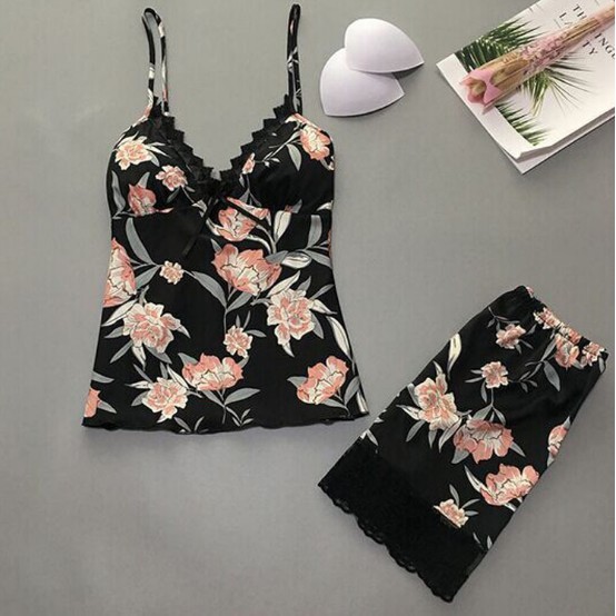 (Có size, túi zip) Bộ mặc nhà 2 dây lụa Quảng Châu cổ V / bộ ngủ 2 dây lụa pha ren hoạ tiết Tropical