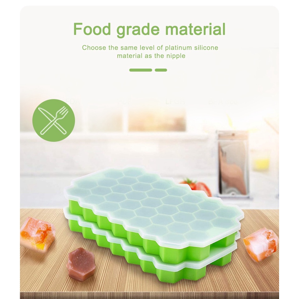 Khuôn Làm Đá Viên Bằng Silicone Dày Dặn Hình Tổ Ong Có Thể Tái Sử Dụng Kèm Nắp Tháo Rời