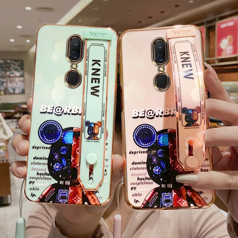 QIANZI Ốp Lưng Silicon Mạ Điện Hình Gấu Có Dây Đeo Cổ Tay Cho oppo F11 A31 2020 A7 A5S A12 A9 2020 A5 2020 A72 A55