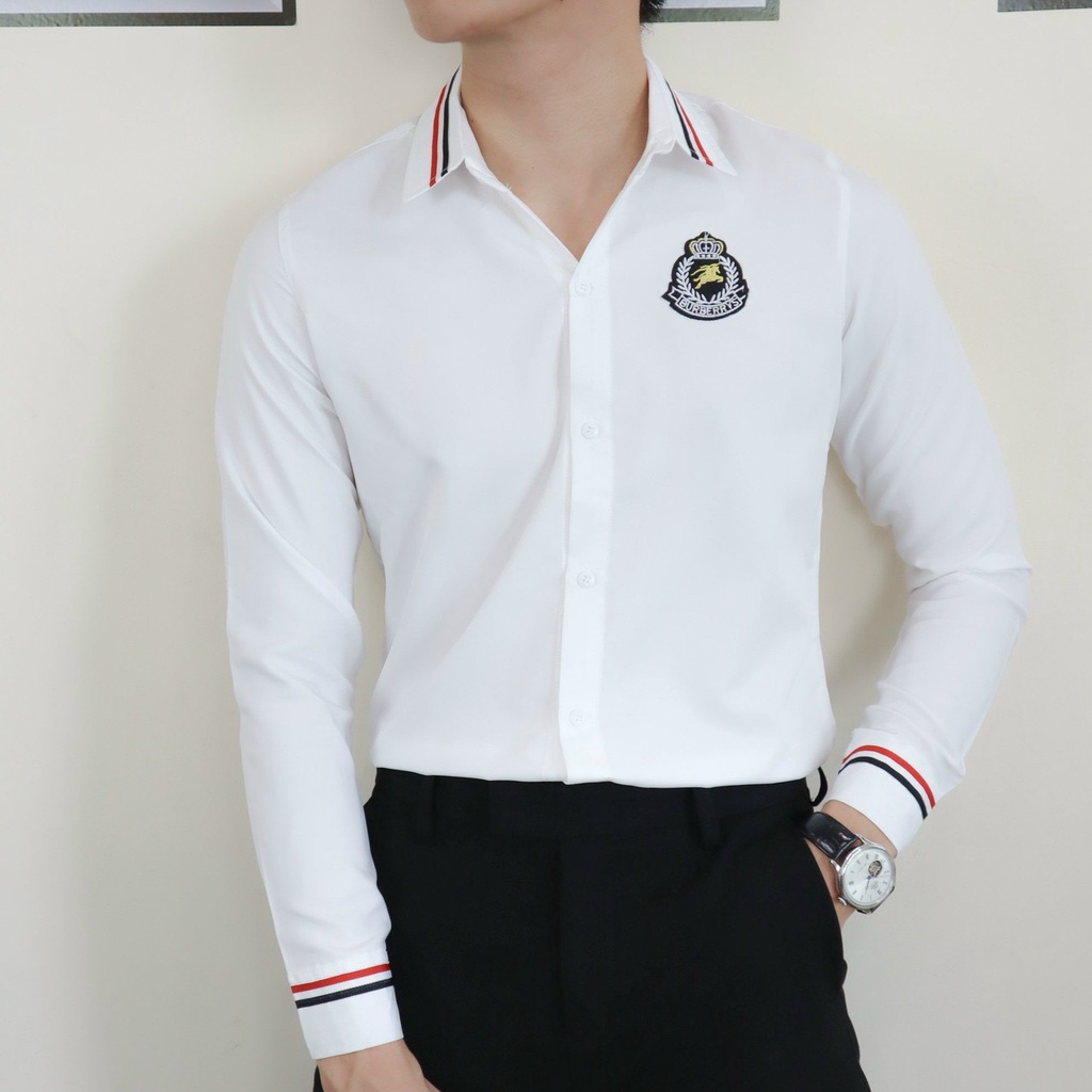 Áo sơ mi nam dài tay thêu logo phối hàn quốc cao cấp áo sơ mi vải mềm mịn thấm hút mồ hôi tốt hàng chuẩn đẹp phong cách