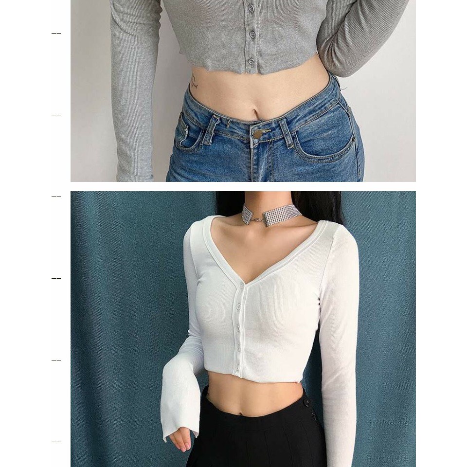 Áo croptop cài cúc cổ tim tay dài - THUN TĂM DÀI TAY DÁNG ÔM BODY CÀI CÚC CỔ TIM ĐEN TRẮNG | BigBuy360 - bigbuy360.vn