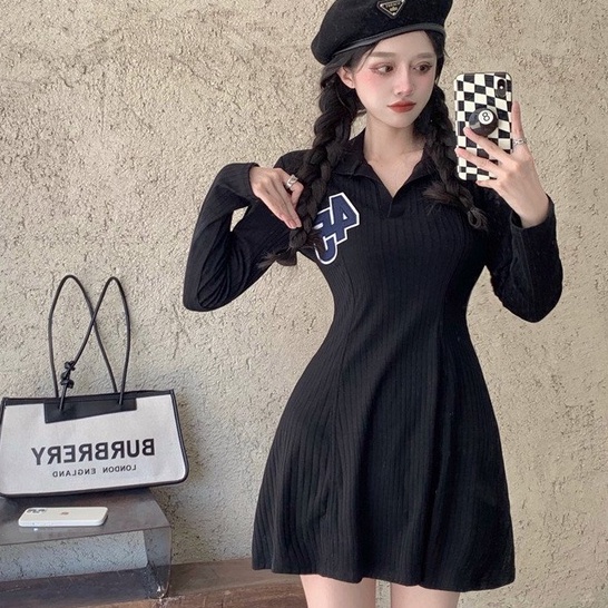 Váy Polo Nữ Thêu Số 45 Chất Thun Tăm Đầm Xoè Cổ Bẻ Sơ Mi Dáng Bassic Sexy Hàn Quốc | BigBuy360 - bigbuy360.vn