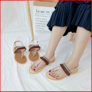 Giày sandal kẹp thổ cẩm màu kem đi biển phong cách vintage [Hoàn Xu]