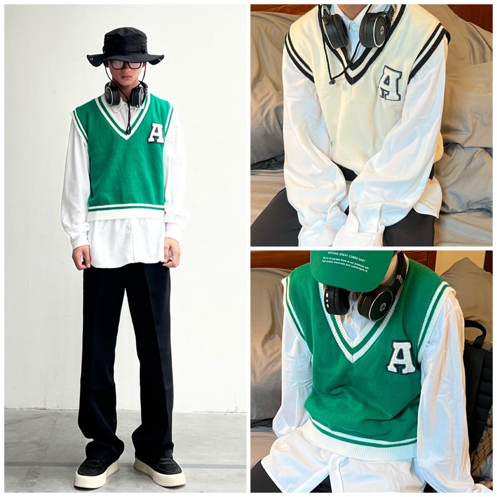 Áo Gile Len Sweater không tay cổ tim Chữ A Basic Nam nữ Hàng Thiết kế