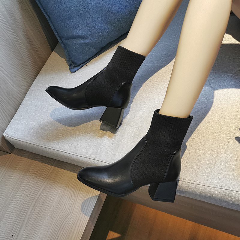 Thin socks boots short boots women spring and autumn single boots high heels 2020 new stretch thin mid-heel thick heel black Martin boots