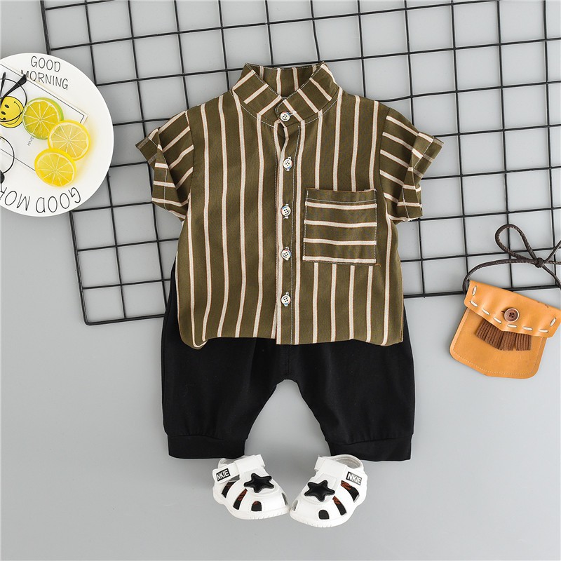 Set áo sơ mi ngắn tay họa tiết sọc và quần short cho bé trai