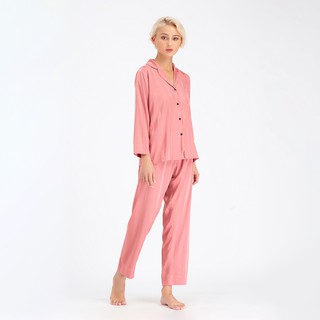 Bộ Pyjama Lụa Tay Dài Quần Dài Sọc Màu Hồng