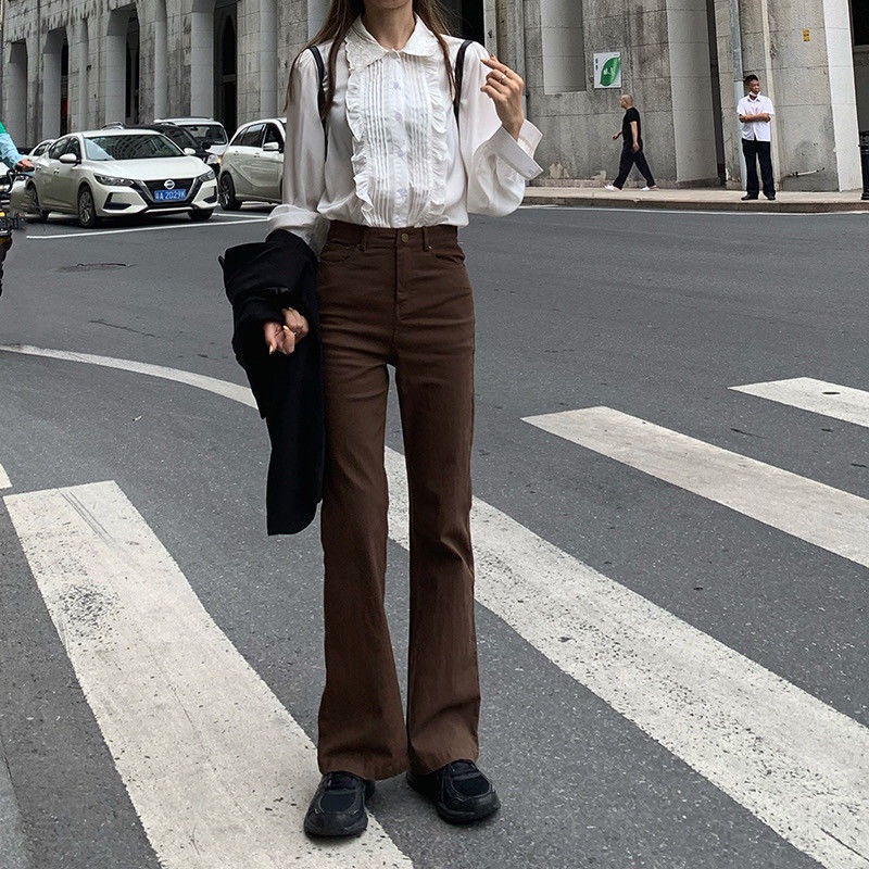 Quần jean dài ống loe lưng cao phong cách mùa thu 2021 mới cho nữ