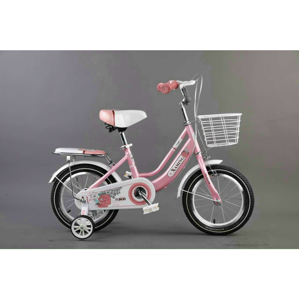 xe đạp xaming hai gióng hoa hồng LOẠI 1 CHẮC CHẮN cho bé gái từ 3-9t ( bánh phụ size 12-16, chân chống size 18-20)