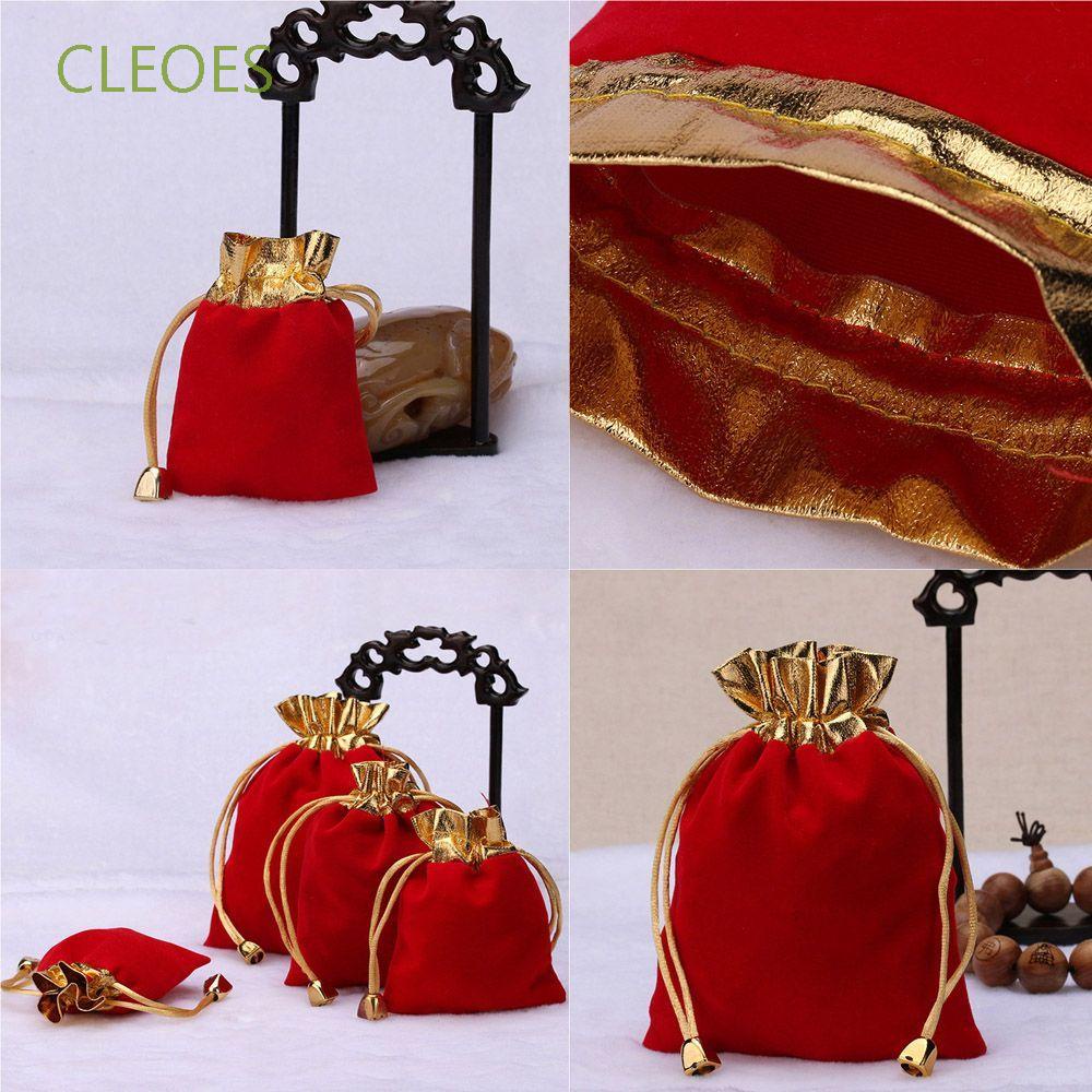 Set 12 túi đựng đồ trang sức vải nhung lông nỉ màu đỏ phối dây rút làm quà tặng cho tiệc