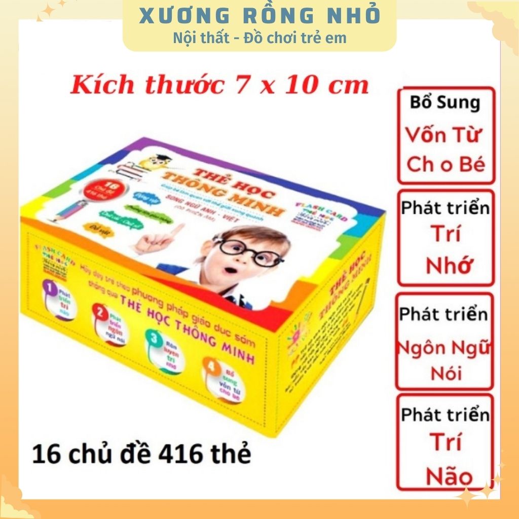 Bộ thẻ học thông minh 16 chủ đề 416 thẻ, thẻ flashcard song ngữ cho bé, thẻ hình con vật, chữ cái – Xương Rồng Nhỏ