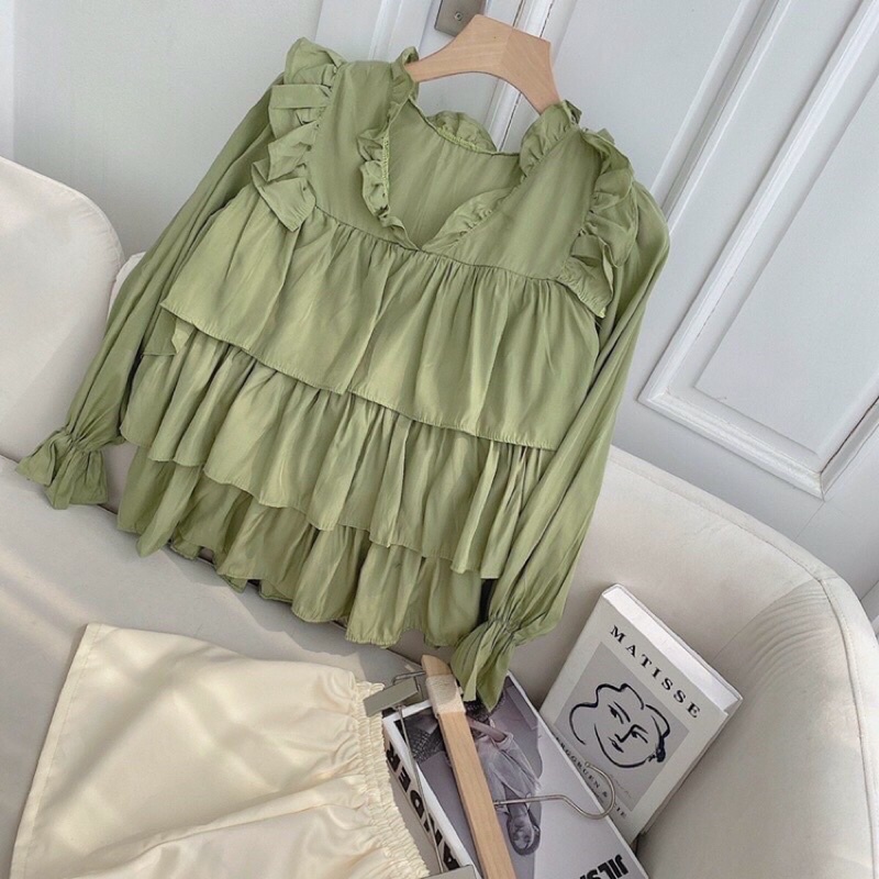 Set áo babydoll tơ đũi bèo tầng mix quần lụa đi chơi đi tiệc đi du lịch