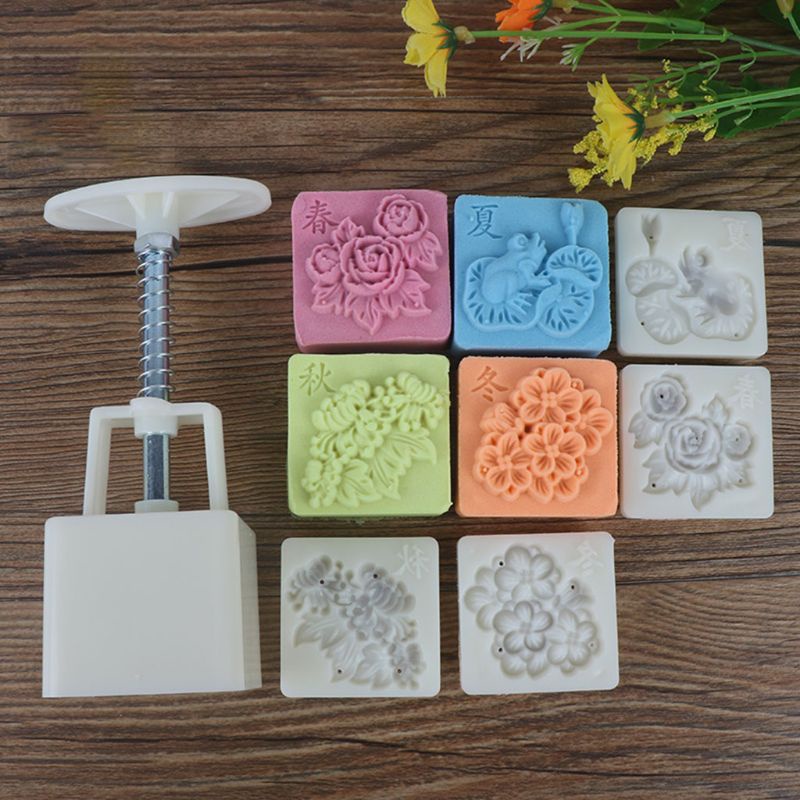 Khuôn Nhấn Làm Bánh Trung Thu Hình Vuông Mặt Hình Hoa 50g Diy