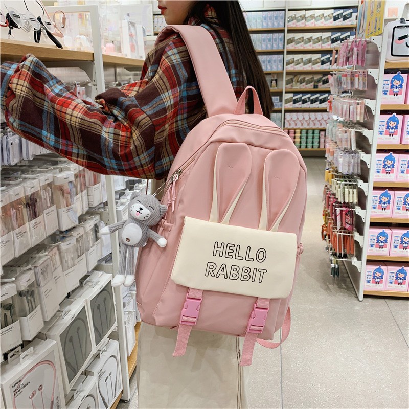 Balo Đi Học Nữ Cute Balo Du Lịch Họa Tiết Tai Thỏ Đáng Yêu Chất Liệu Không Thấm Nước  QH0015