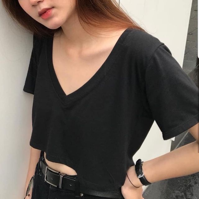 [ Ảnh thật ] Áo Thun Croptop tay lỡ cổ tim form to rộng thoải mái