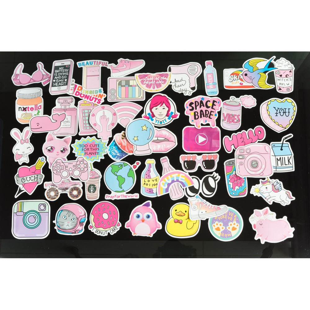Sticker chủ đề pink màu hồng mẫu mới 2020 M1 trang trí vali, mũ bảo hiểm, guitar, ukelele, laptop, macbook, điện thoại…