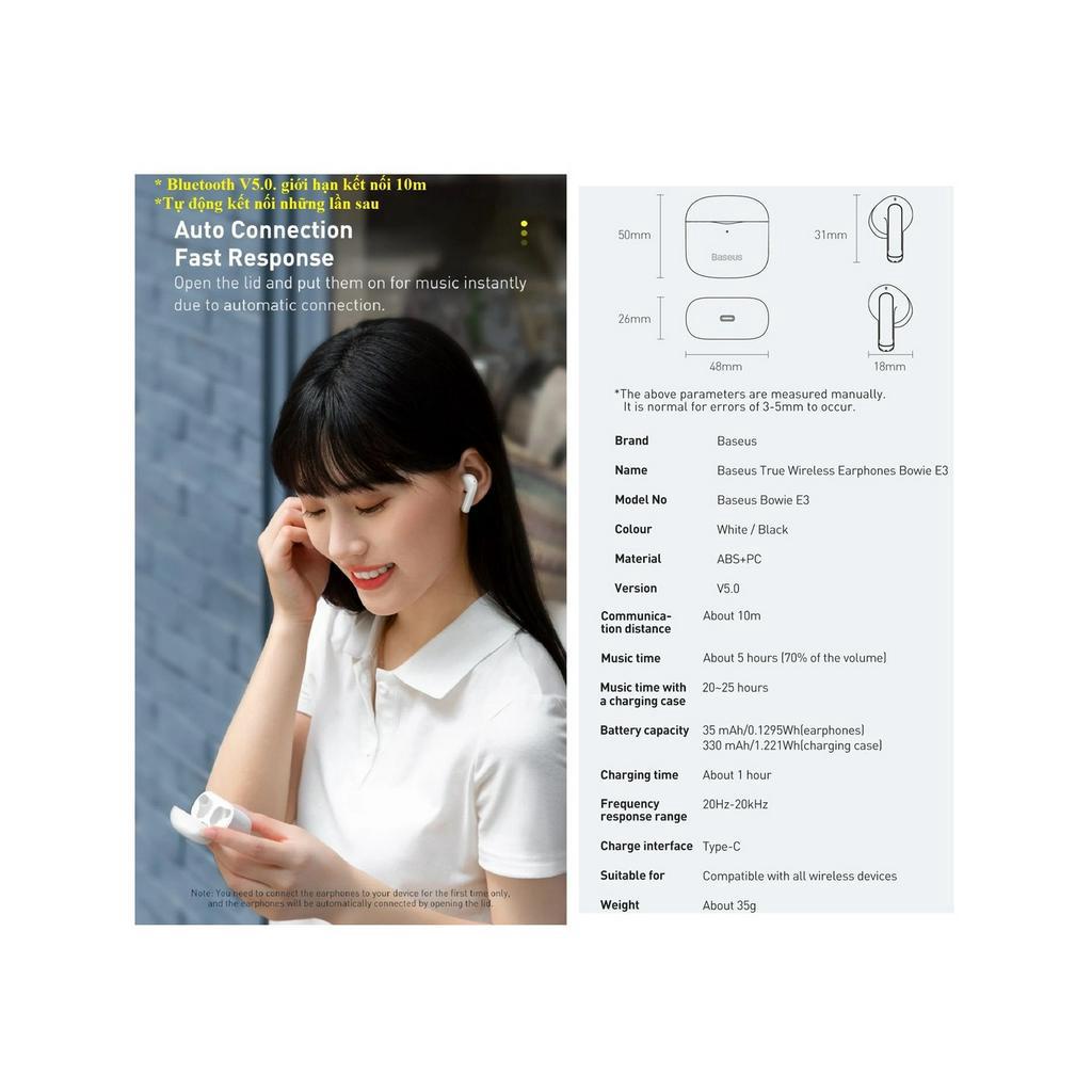 Tai nghe bluetooth V5.0 kèm App - Low latency Baseu True Wireless Earphones Bowie E3