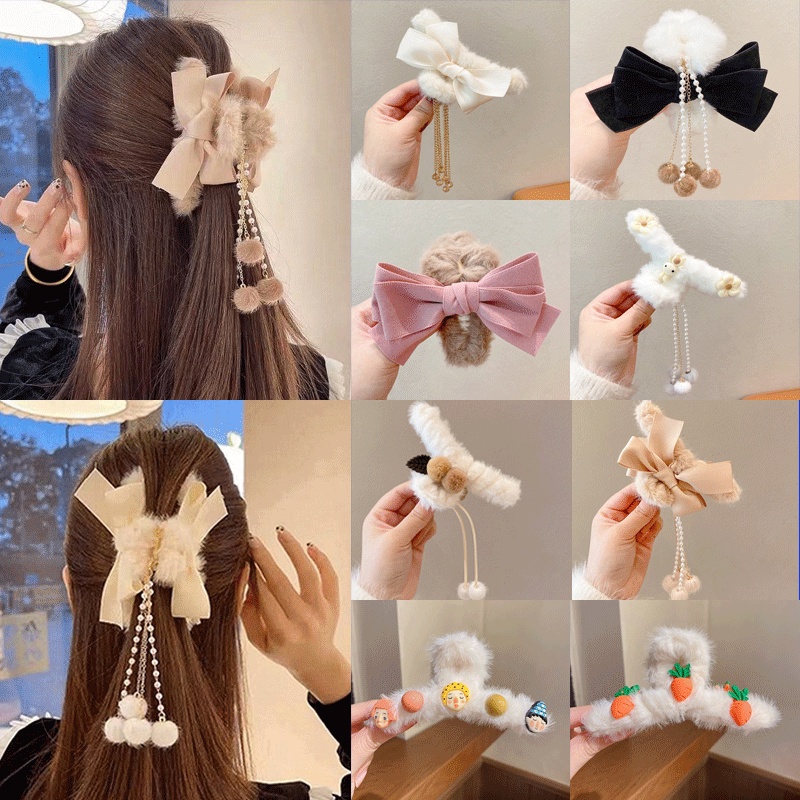 Kẹp Tóc Nơ Bằng Vải Phối Lông Dễ Thương Cỡ Lớn Phong Cách Hàn Quốc