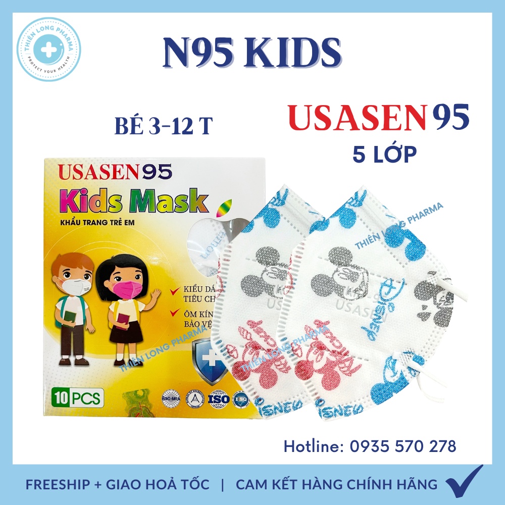 [Hộp 10 Cái] Khẩu trang trẻ em N95 5 lớp USASEN, khẩu trang n95 kids kháng khuẩn cho bé hàng chính hãng