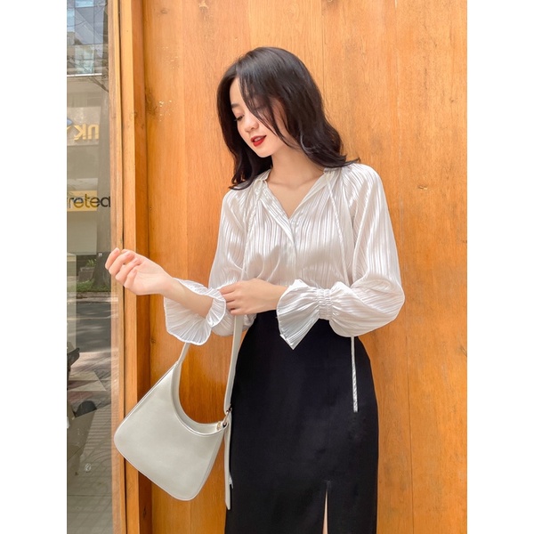 ZIEL Sơ mi vải tơ dệt kim cách điệu