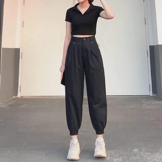Quần chất đũi bo gấu 2 túi bên màu đen Maia.clothes