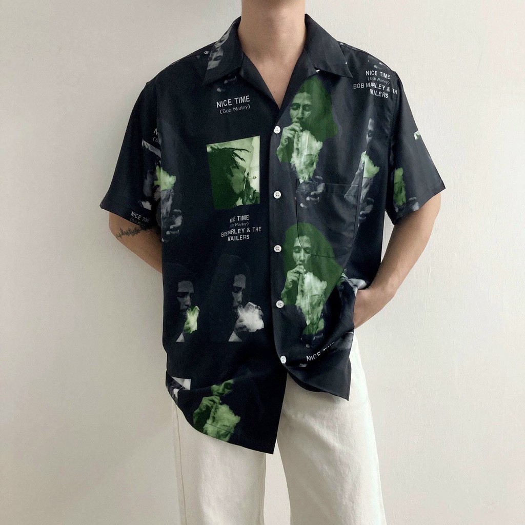 Áo sơ mi nam nữ form rộng dáng suông in hình nice time phong cách thời trang cực chất