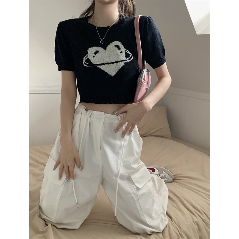 NUZIRO Áo Dệt Kim Ngắn Tay Cổ Tròn Phong Cách Vintage Hàn Quốc Cho Nữ