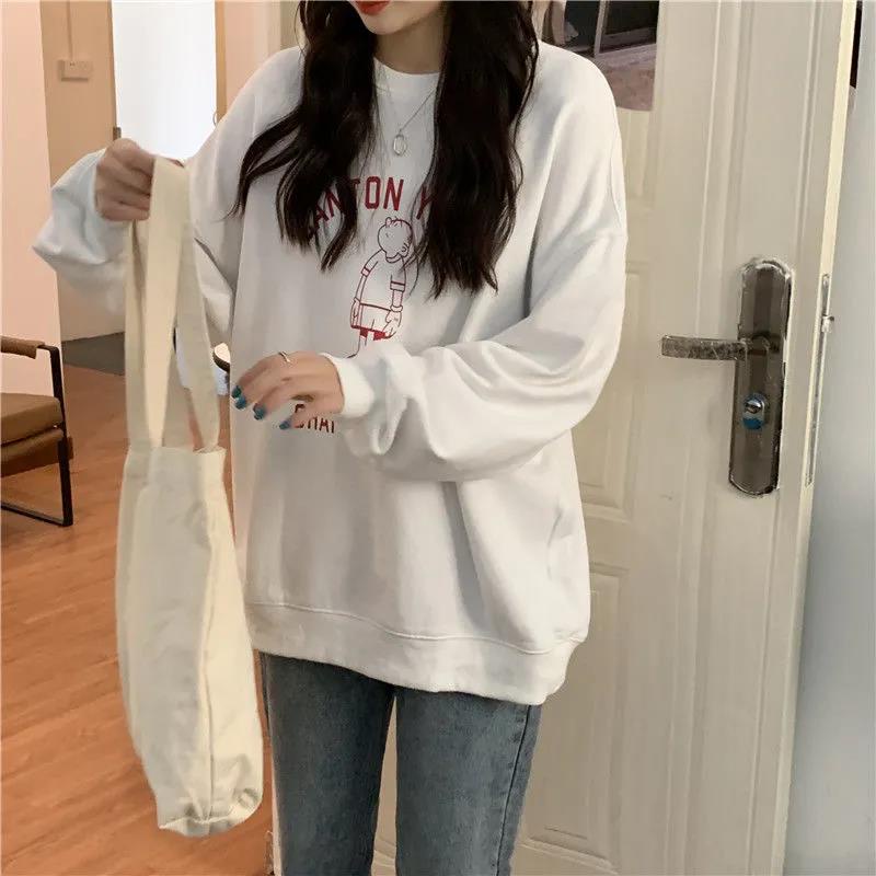 Áo Sweater Cổ Tròn Dáng Rộng In Chữ Hoạt Hình Phong Cách Hàn Quốc Thời Trang Cho Nữ 2021