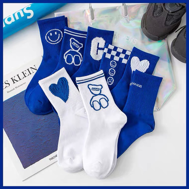 Tất Vớ Dài Cổ Cao Nam Nữ Họa Tiết Thêu Dệt Màu Blue cotton thấm hút, giá siêu rẻ mềm