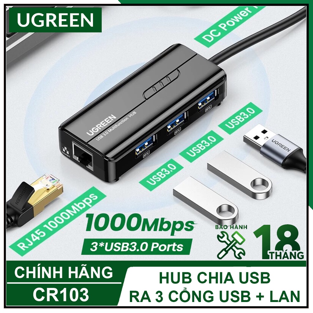 Bộ Chia USB RA 3 Cổng USB &amp; LAN Cao Cấp, UGREEN CR103 Chính Hãng, Tốc độ 1000Mbps