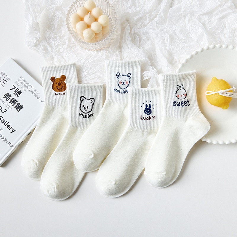 Tất cổ cao, vớ cổ cao nữ trắng hình họa tiết dễ thương chất mềm co giãn