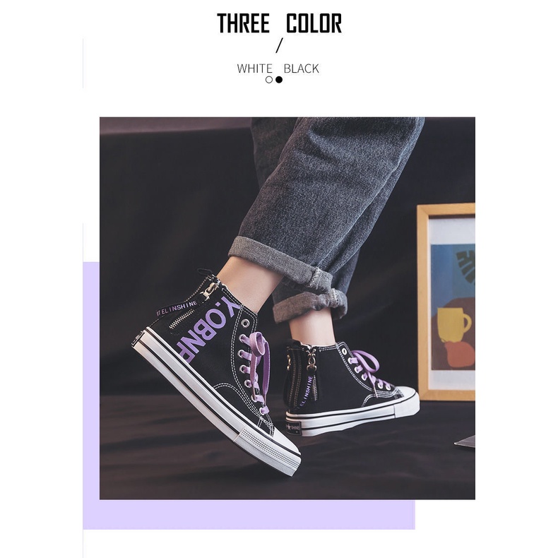 Giày Thể Thao Vải Canvas Cổ Cao Có Dây Kéo Bên Phong Cách Thể Thao Mới 2021 Cho Nữ Sinh