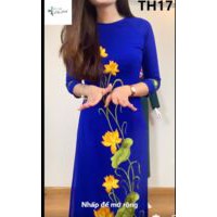 Áo dài truyền thống thêu xanh cô ban hoa sen vàng - mặc đi lễ hội, sự kiện - Áo dài Nhã Anh - TH17